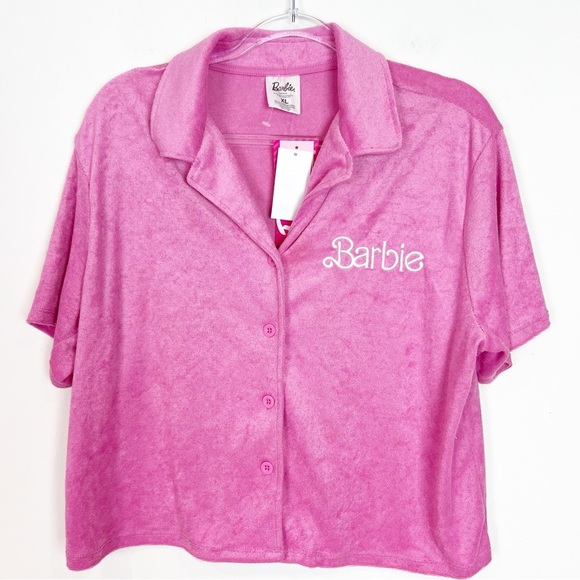BARBIE PINK TERRY BUTTON FRONT PAJAMA LOUNGE TOP WOMENS SZ XL NWT - Picture 1 of 5